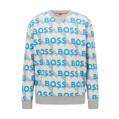 HUGO BOSS SS22 Logo All-Over Print Pullover Sweatshirt Men Grey Blue 50471531-041