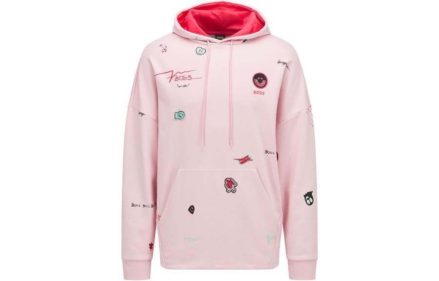HUGO BOSS SS22 Pink Solid Logo Print Hoodie Long Sleeve Casual Sweater 50471935-683