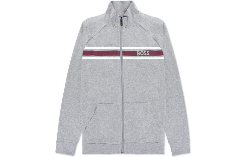 HUGO BOSS SS22 Striped Logo Stand Collar Jacket Grey - 50473429-033