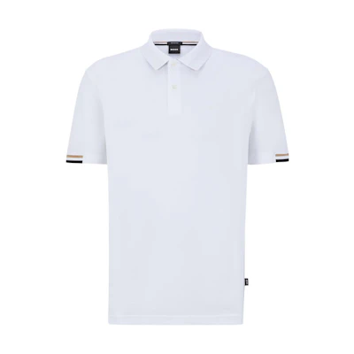 HUGO BOSS SS22 Striped Trim Single-Breasted Casual Short Sleeve Polo White . 50467113-100