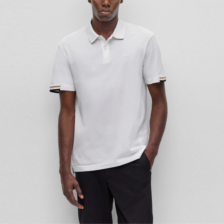 Shop HUGO BOSS SS22 條紋邊單排扣休閒短袖Polo衫 白色 50467113-100