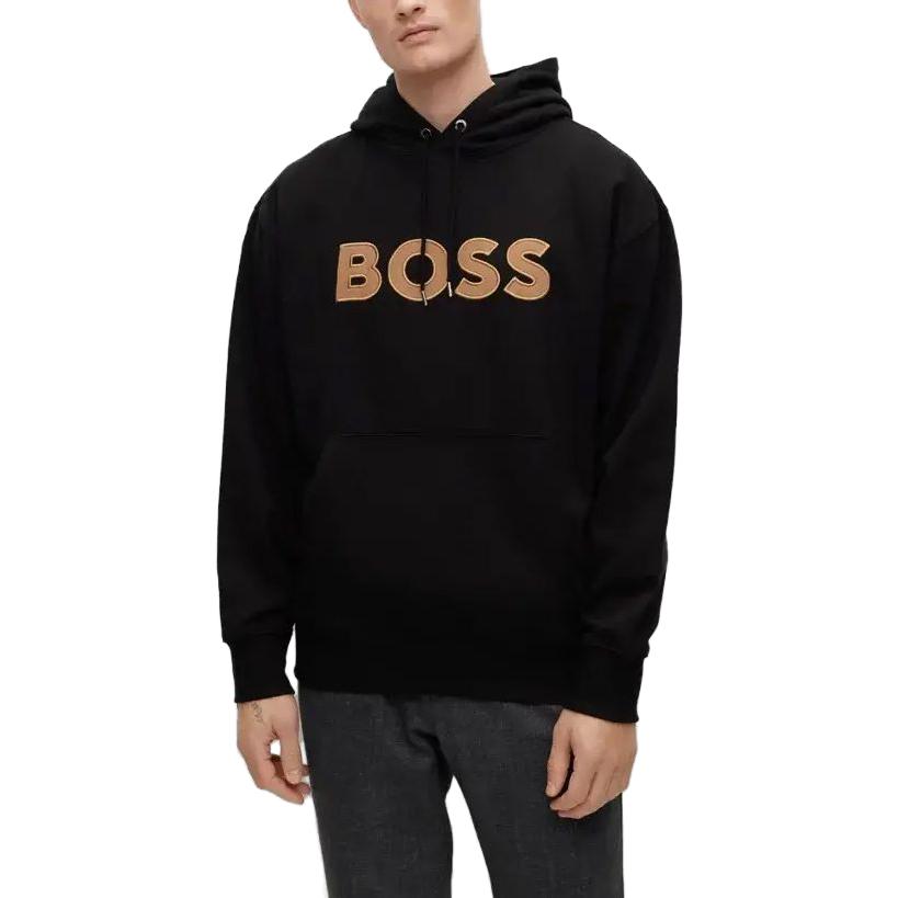 Shop HUGO BOSS SS23  Black Embroidered Logo Drawstring Hoodie. 50486243-001
