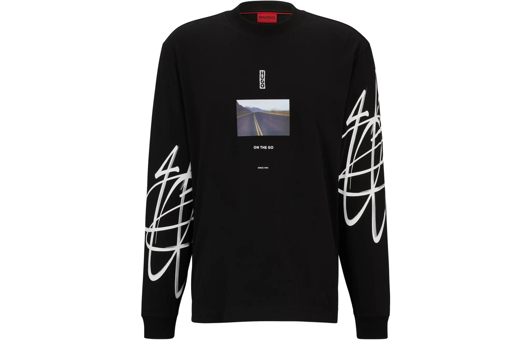HUGO BOSS SS23  Black Graphic Print Crewneck Long Sleeve T-Shirt Casual 50493712-001
