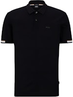 HUGO BOSS SS23 Black Polo Shirt with Logo Stripe Detail and Button Front. 50467113-001 HUGO BOSS SS23 Black Polo Shirt with Logo Stripe Detail and Button Front. 50467113-001
