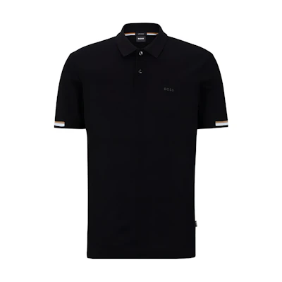 HUGO BOSS SS23 Black Polo Shirt with Logo Stripe Detail and Button Front. 50467113-001