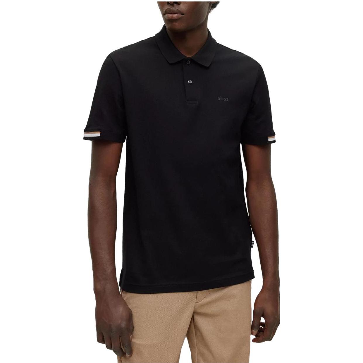 Shop HUGO BOSS SS23 黑色條紋徽標細節徽標織帶短袖POLO衫。 50467113-001