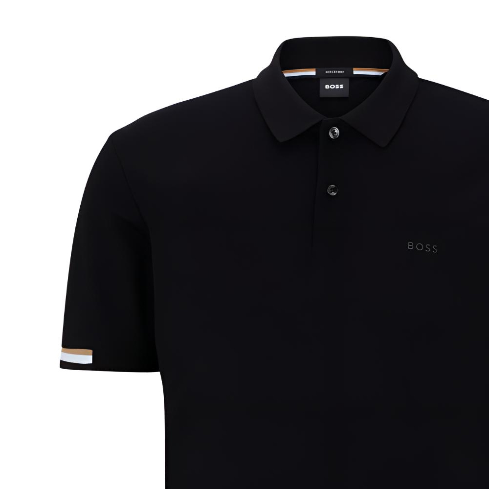Sizing HUGO BOSS SS23 黑色條紋徽標細節徽標織帶短袖POLO衫。 50467113-001