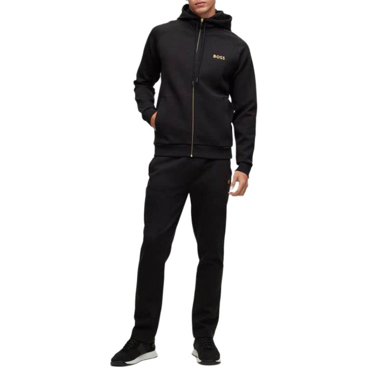 Shop HUGO BOSS SS23  Black Zip-Up Hoodie with Solid Letter Embroidery. 50482888-001