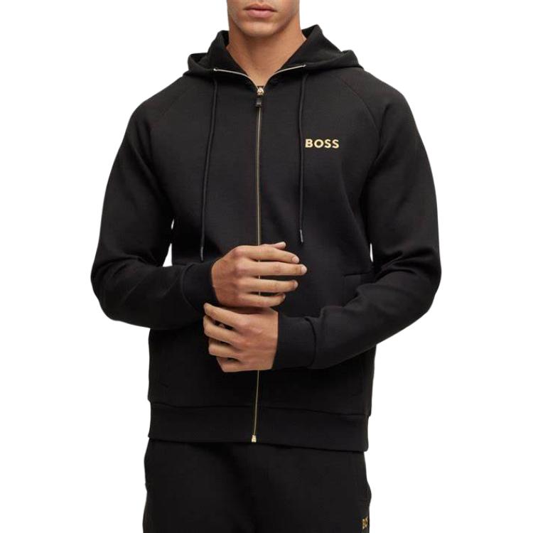 Purchase HUGO BOSS SS23  Black Zip-Up Hoodie with Solid Letter Embroidery. 50482888-001