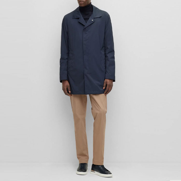 Lookbook HUGO BOSS SS23 海軍藍素面翻領單排扣大衣 50483282-404