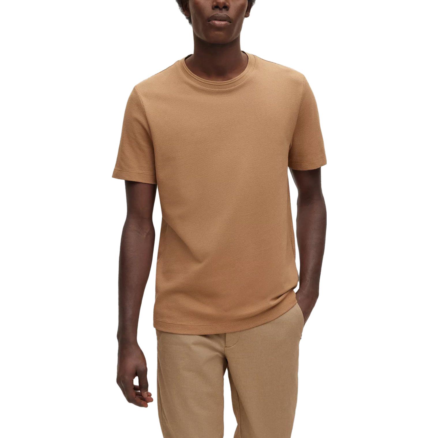 Shop HUGO BOSS SS23  Textured Jacquard Crewneck T-Shirt Light Brown. 50452680-260