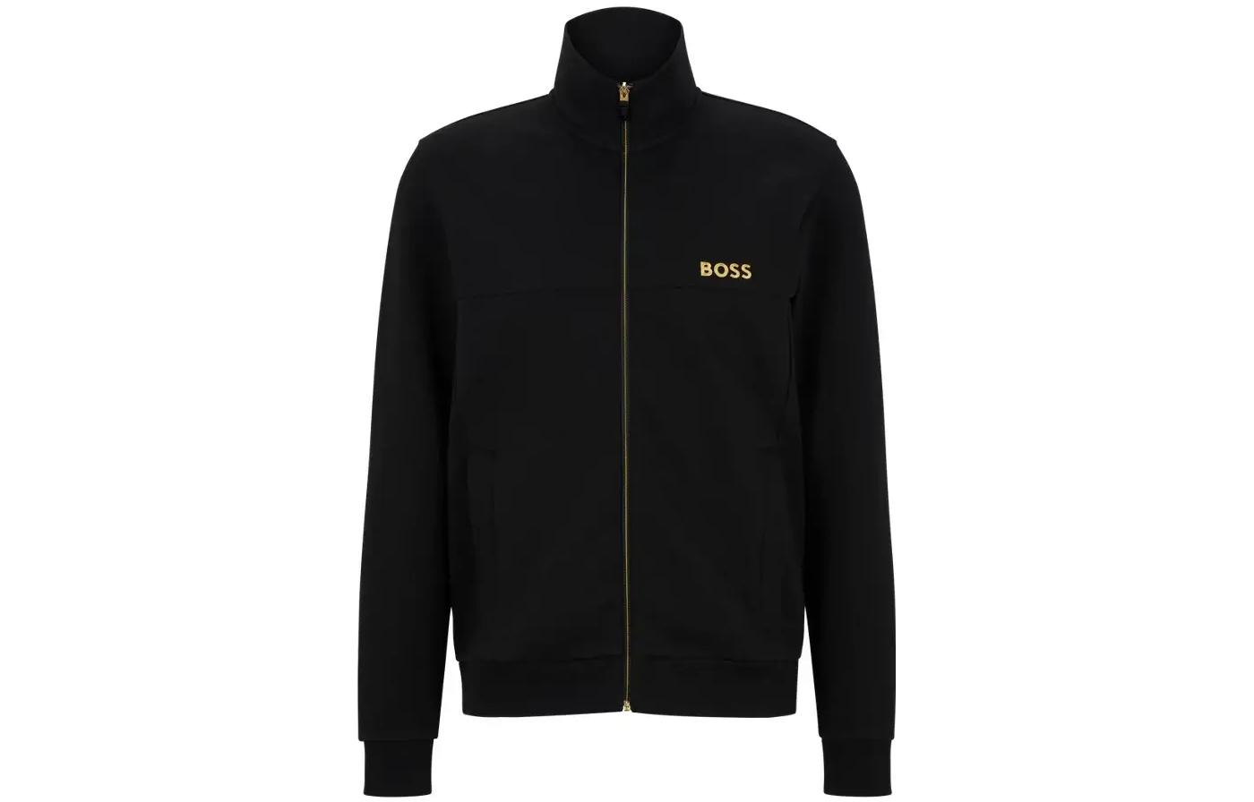 HUGO BOSS SS23 Black Gold Logo Embroidered Zip-Up Jacket for Men 50482899-001