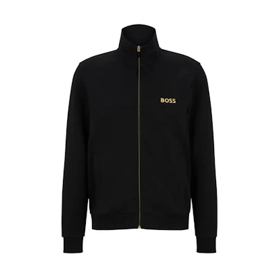 HUGO BOSS SS23 Black Gold Logo Embroidered Zip-Up Jacket for Men 50482899-001