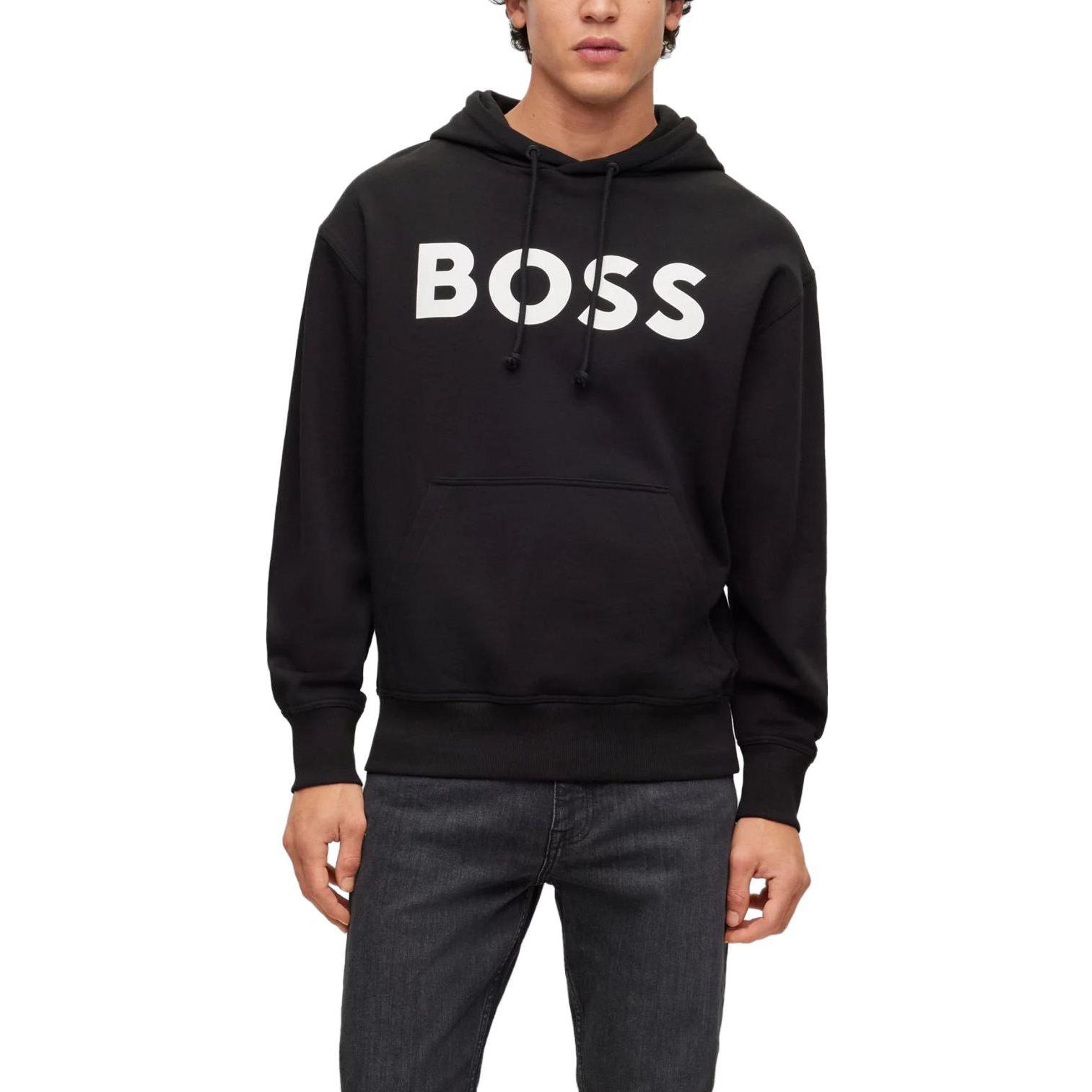 Shop HUGO BOSS SS23 Hoodie Hitam dengan Cetakan Logo Solid 50487134-001