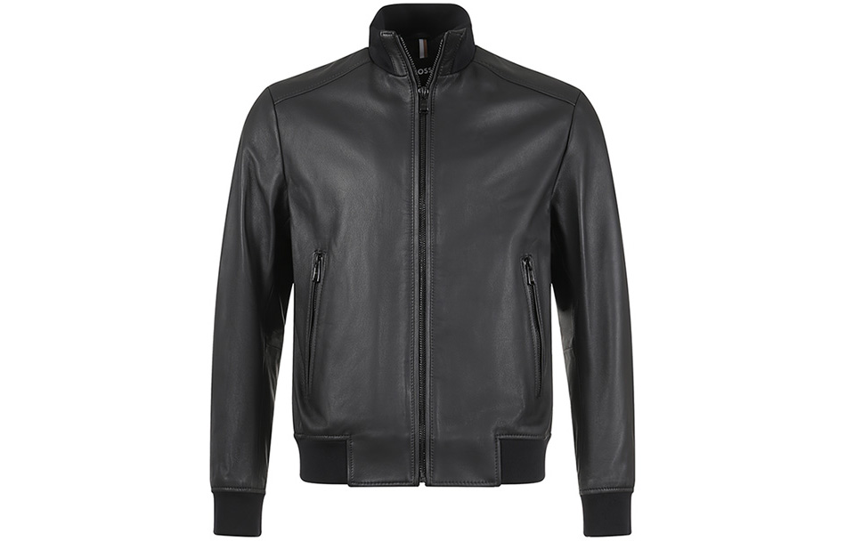 HUGO BOSS SS23 Black Leather Zip-Up Stand Collar Jacket 50485081-001