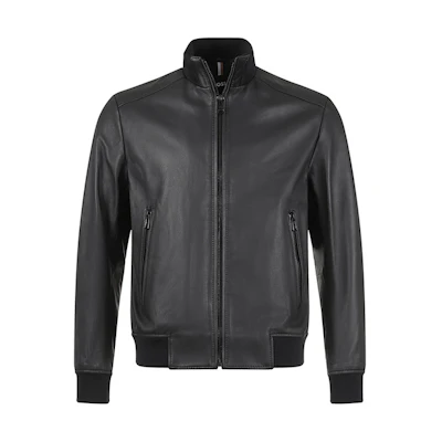 HUGO BOSS SS23 Black Leather Zip-Up Stand Collar Jacket 50485081-001