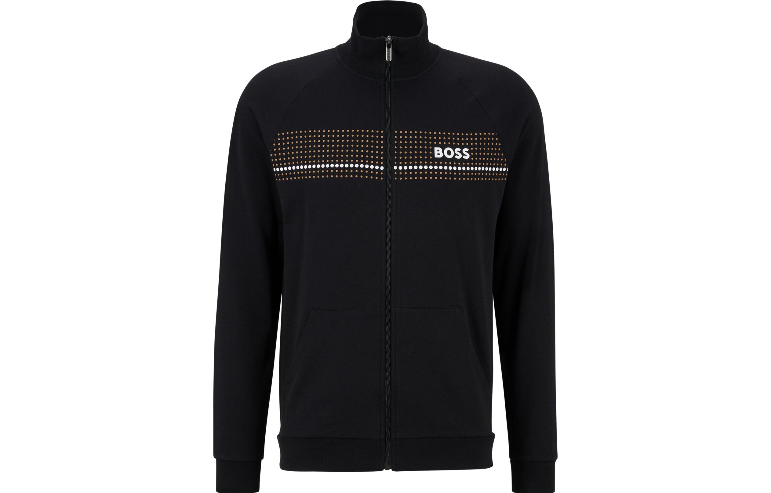 HUGO BOSS SS23 Black Logo Print Zip-Up Track Jacket for Men 50485945-001