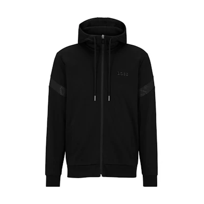 HUGO BOSS SS23 Black Solid Logo Zip-Up Drawstring Hoodie Jacket 50486845-001