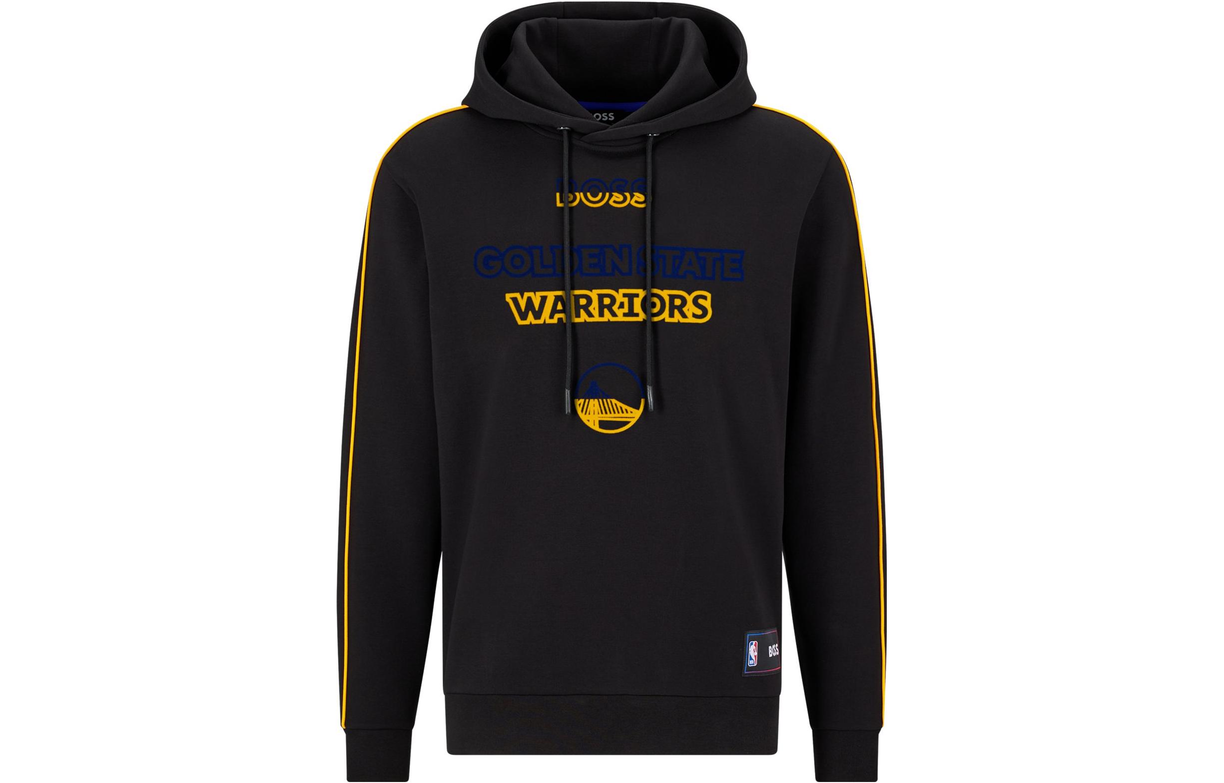 HUGO BOSS SS23 Letter Print Stripe Drawstring Hoodie Black Gold 50477404-008