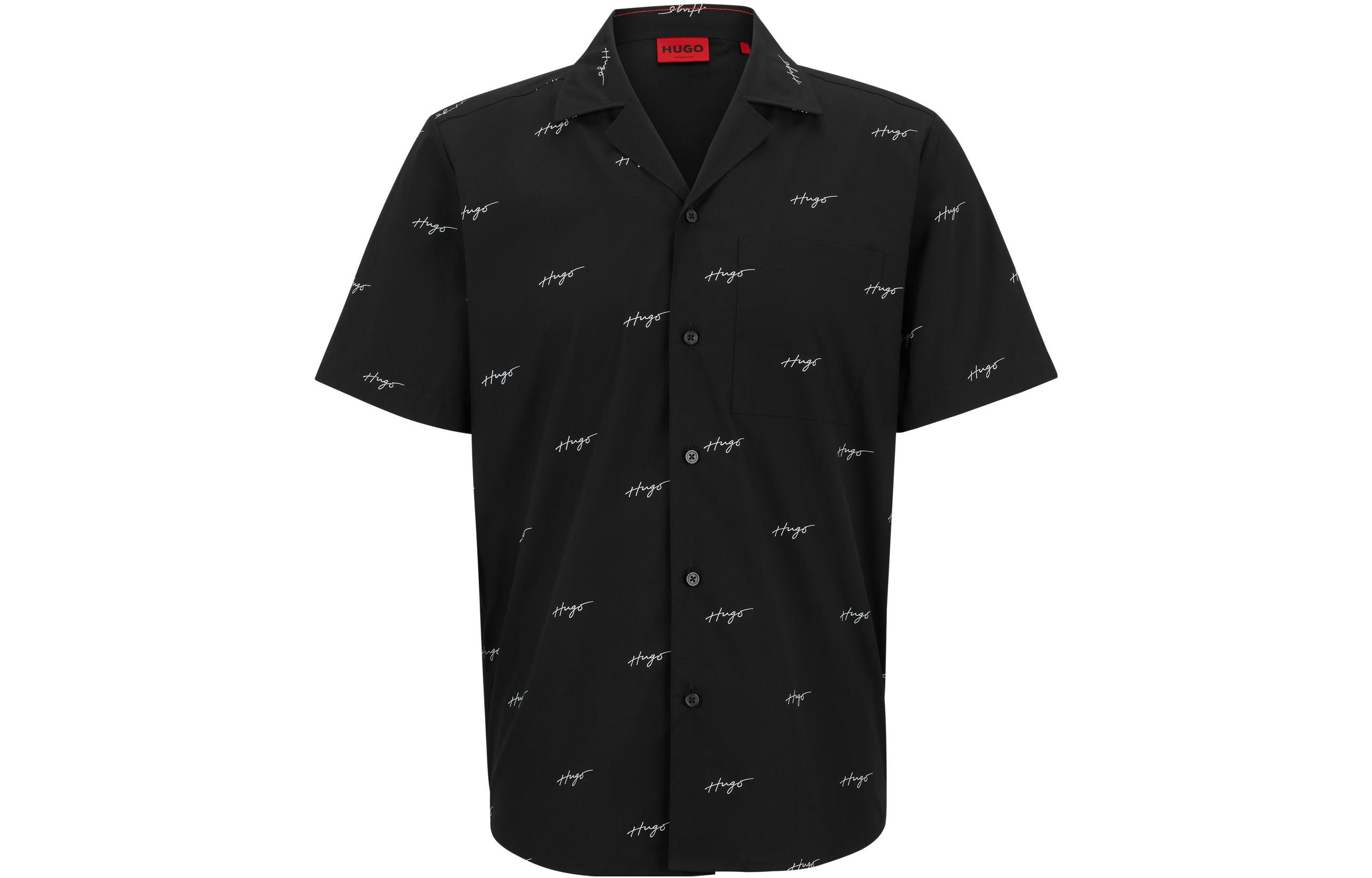 HUGO BOSS SS23 Logo Print Cotton Poplin Relaxed Short Sleeve Shirt Black Mens 50490668-001