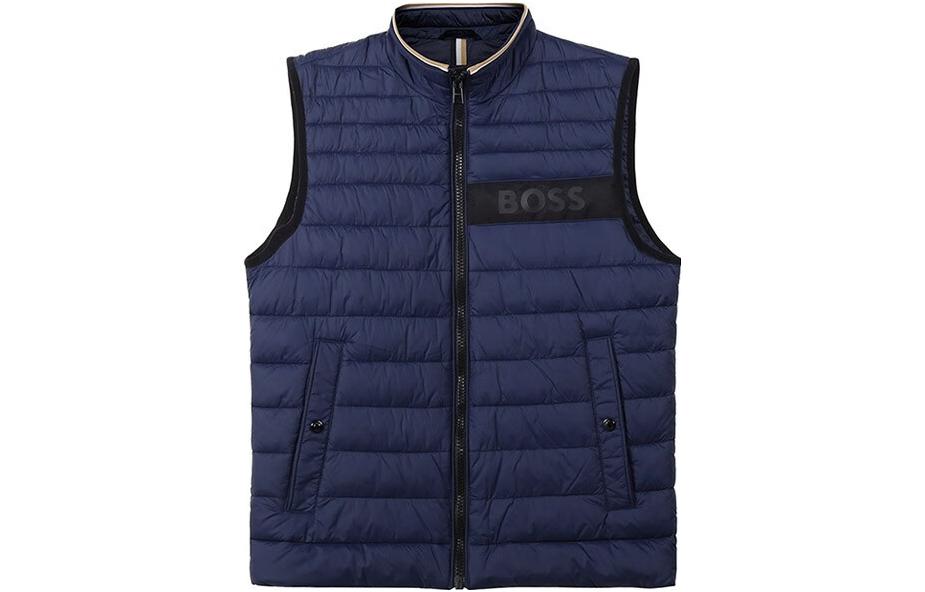 HUGO BOSS SS23 Logo Print Stand Collar Cotton Vest  Deep Blue. 50464300-404