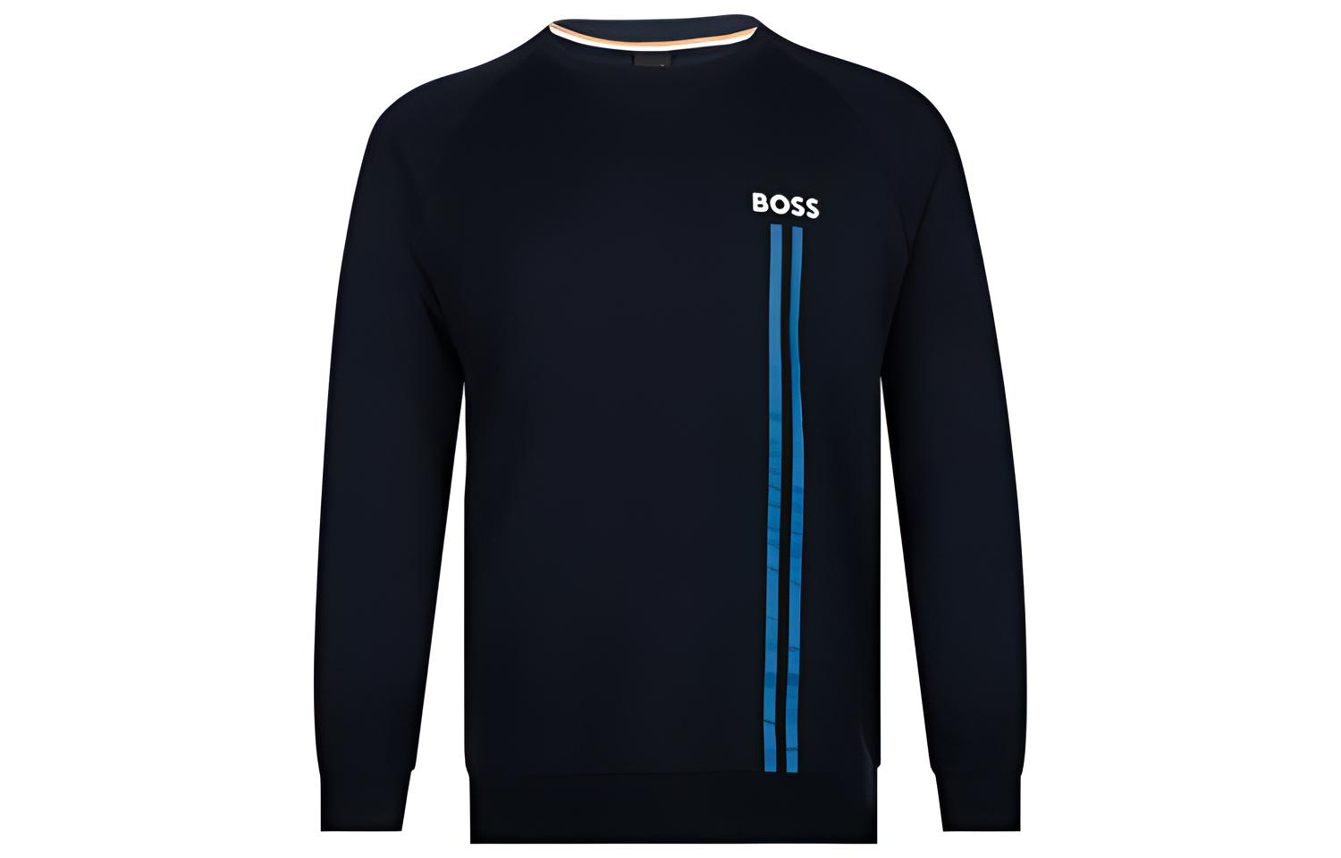 HUGO BOSS SS23 Logo Stripe Print Crewneck Sweatshirt Black/Blue Mens 50490854-403