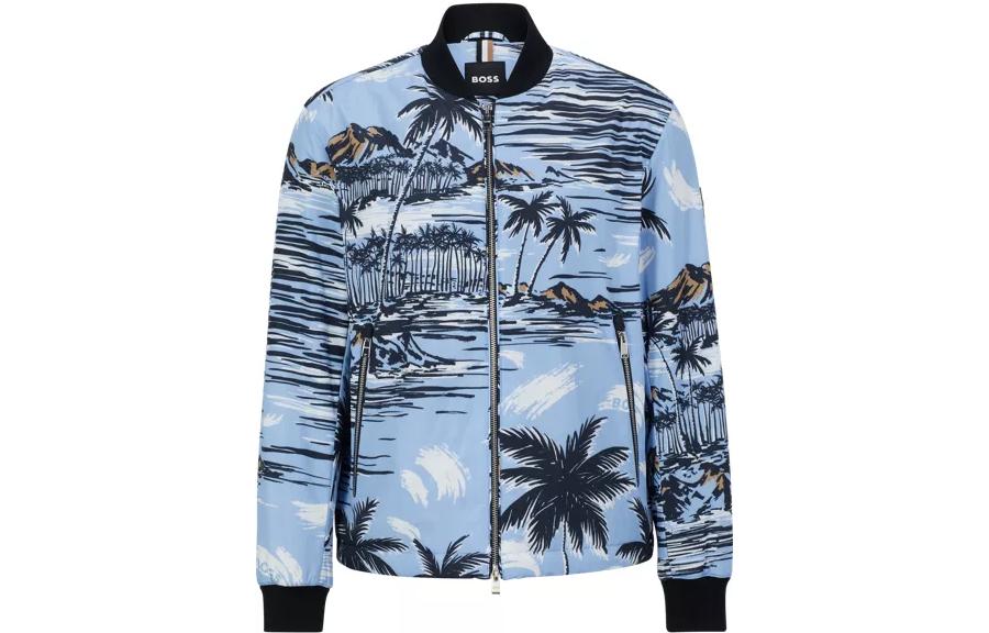 HUGO BOSS SS23 Printed Zip Bomber Jacket Men’s Blue 50486874-492
