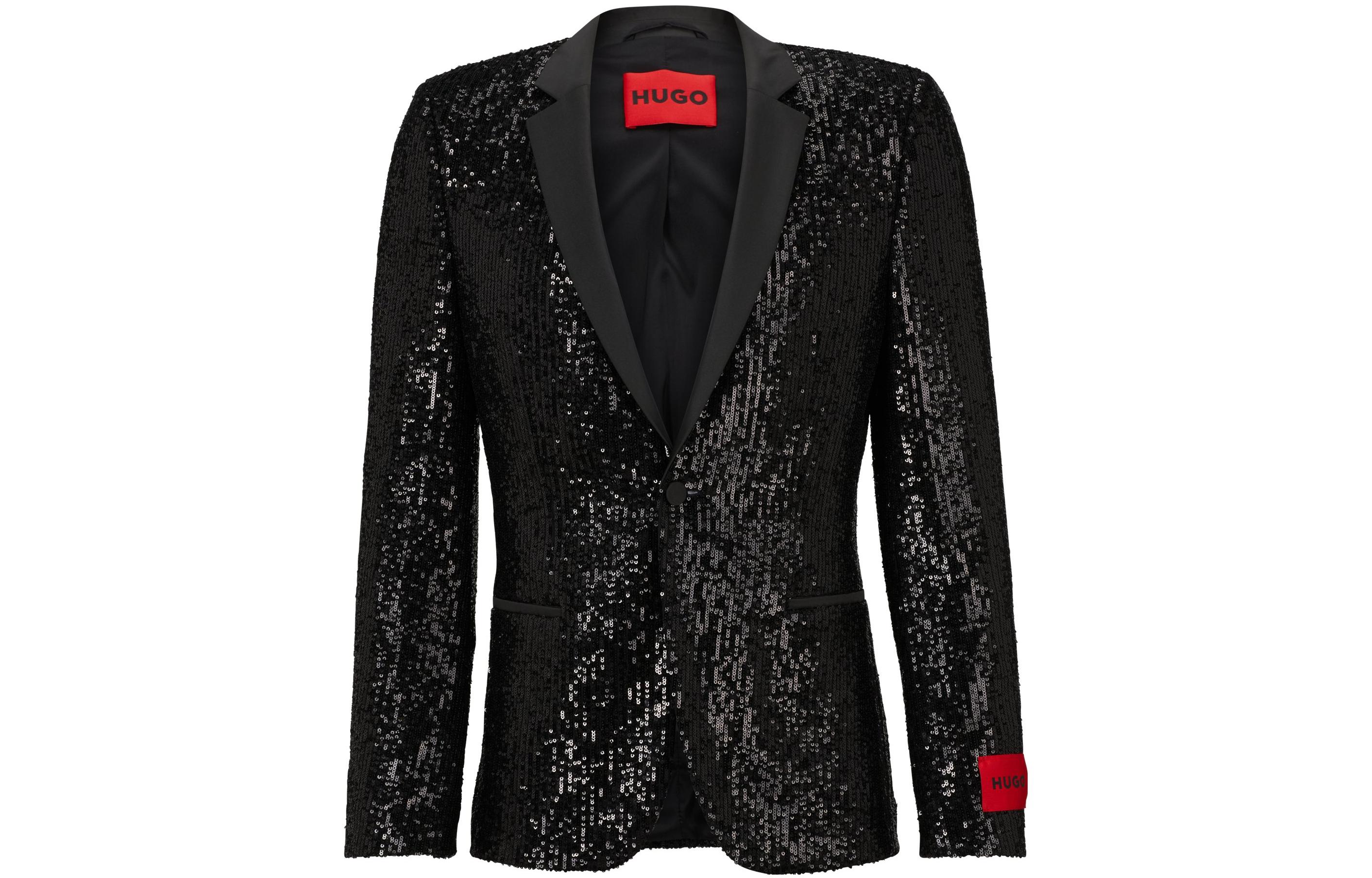HUGO BOSS SS23 Slim Fit Sequin Lapel Long Sleeve Jacket Men Black 50486553-001