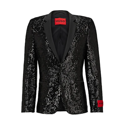 HUGO BOSS SS23 Slim Fit Sequin Lapel Long Sleeve Jacket Men Black 50486553-001