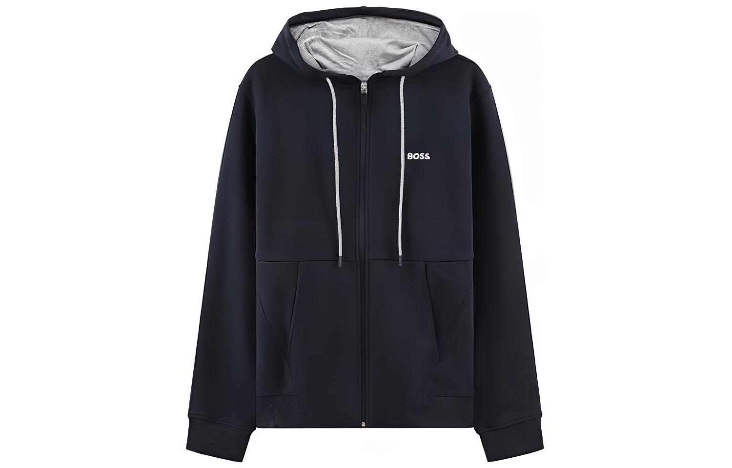 HUGO BOSS SS23 Solid Logo Embroidered Zip-Up Sweatshirt Navy Blue 50483240-402