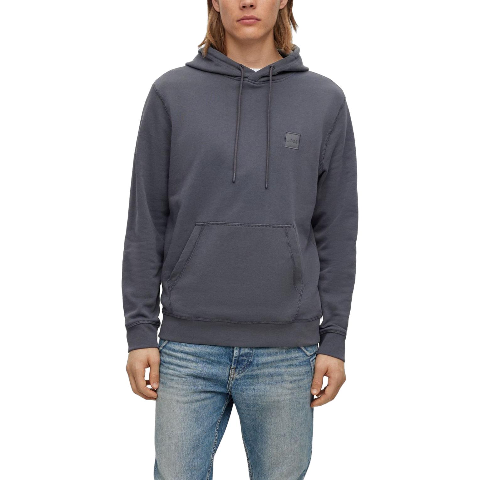 Shop HUGO BOSS SS23 灰藍色純色標誌貼布連帽上衣 50468445-022