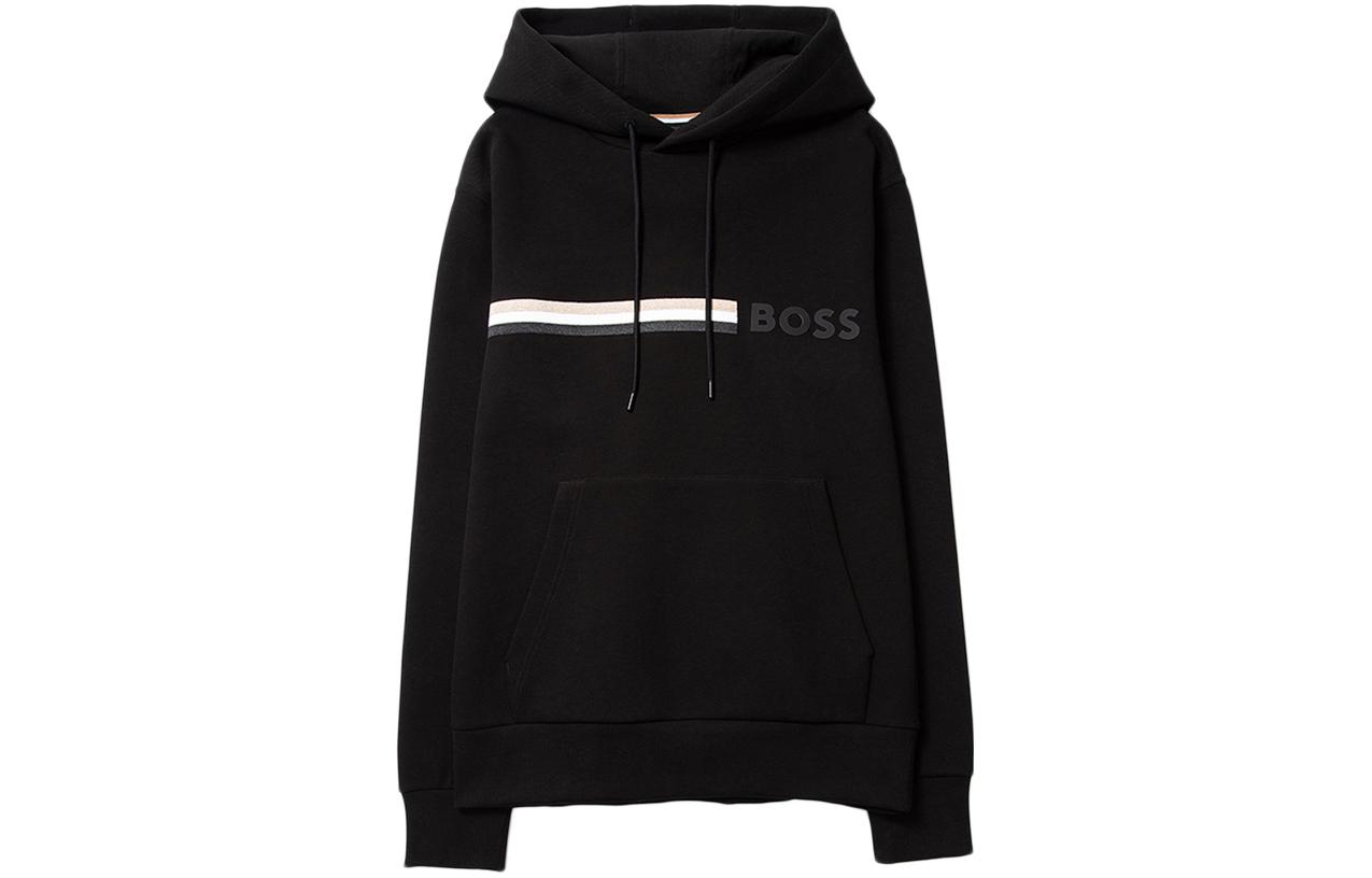 HUGO BOSS SS23 Solid Logo Striped Casual Hoodie - Black SEEGER88-50473049-001