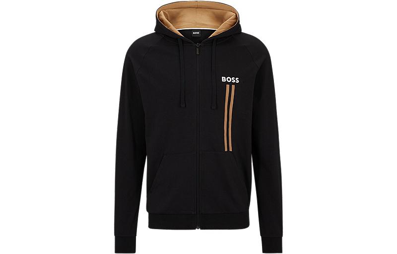 HUGO BOSS SS23 Striped Logo Print Zip Hoodie Black 50491262-001