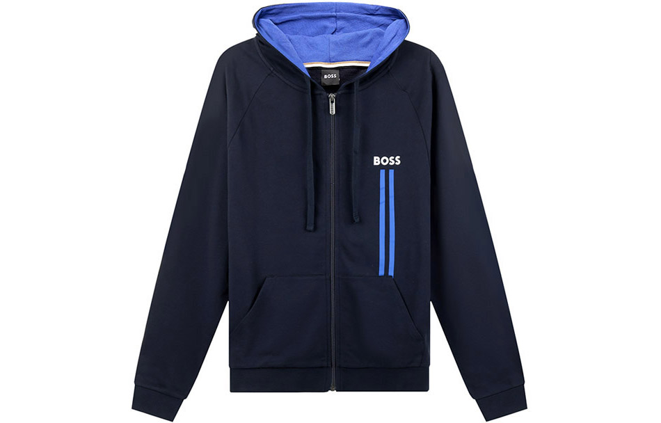 HUGO BOSS SS23 Striped Logo Print Zip Hoodie Navy Blue () 50491262-403