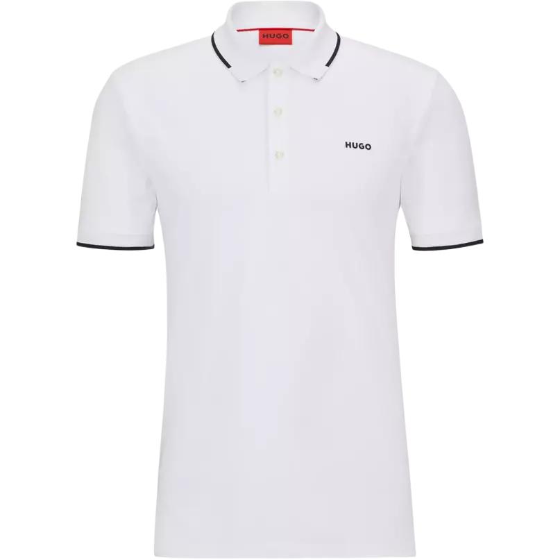 HUGO BOSS SS23 White Polo Shirt with Solid Color and Striped Collar. 50467344-100