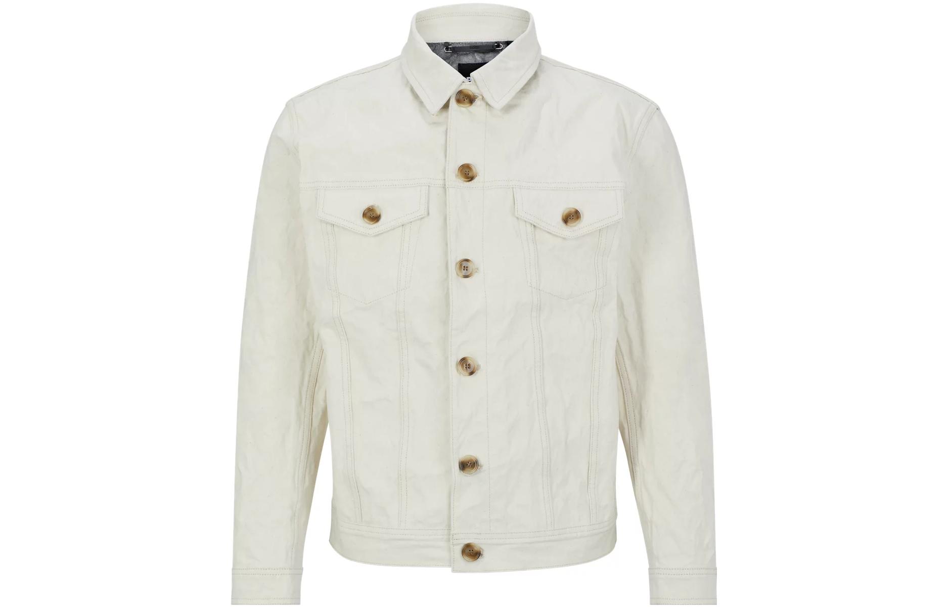 HUGO BOSS SS23 White Relaxed-Fit Long Sleeve Jacket with Chest Pocket for Men 50513064-102