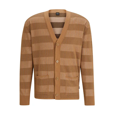 HUGO BOSS SS24 Beige Striped Pattern Relaxed V-Neck Cardigan Sweater. 50506045-260