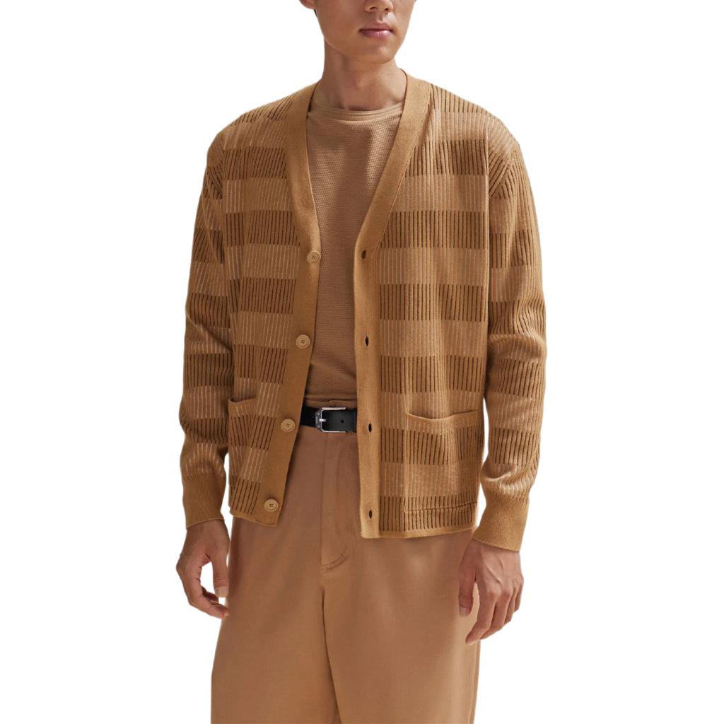 HUGO BOSS SS24  Beige Striped Pattern Relaxed V-Neck Cardigan Sweater. 50506045-260 圖 4