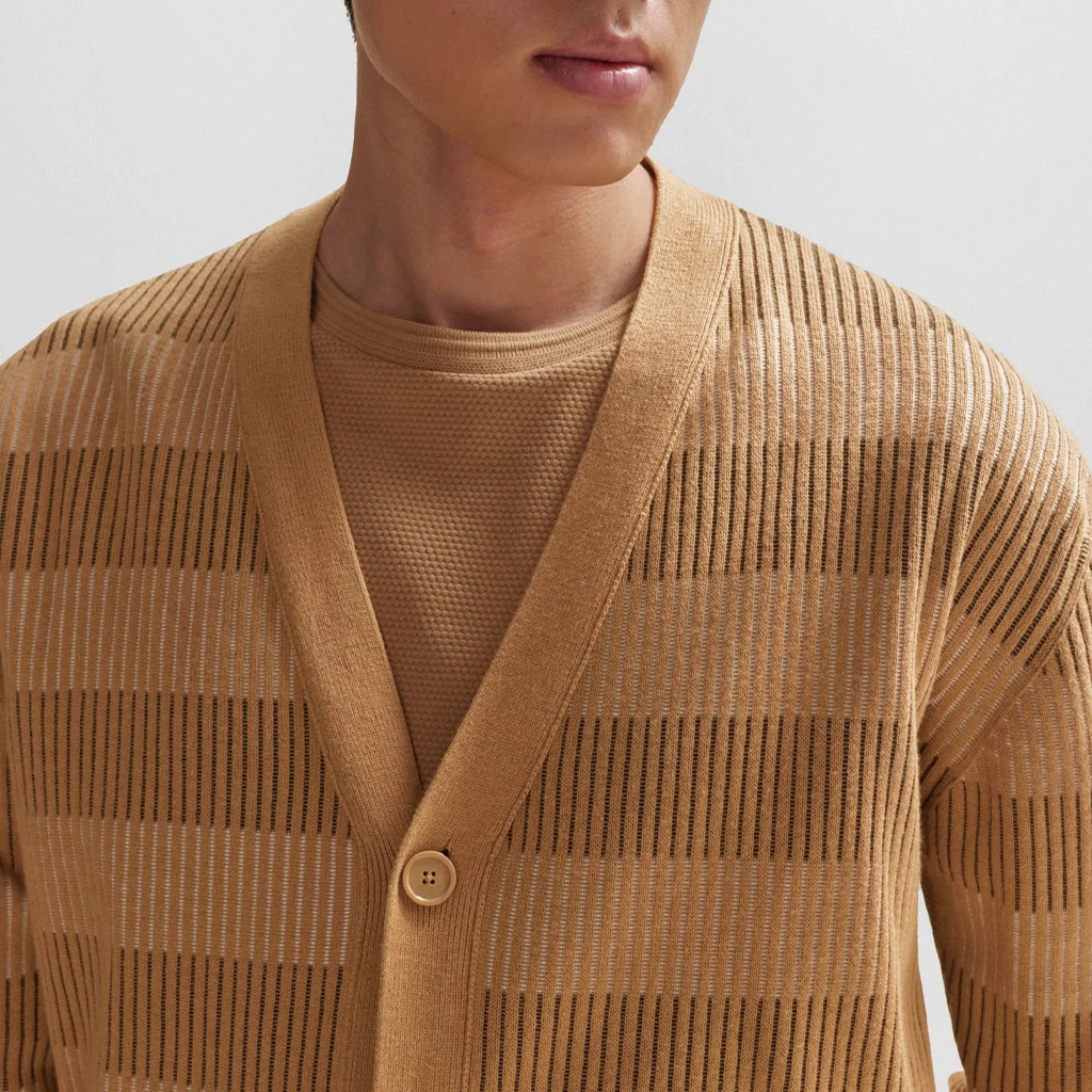 HUGO BOSS SS24  Beige Striped Pattern Relaxed V-Neck Cardigan Sweater. 50506045-260 圖 5
