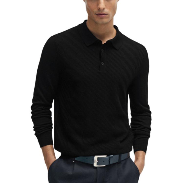 Lookbook HUGO BOSS SS24 黑色提花長袖純色POLO衫 50506034-001
