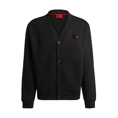 HUGO BOSS SS24 Black V-Neck Loose-Fit Knit Sweater with Logo Design. 50516705-001