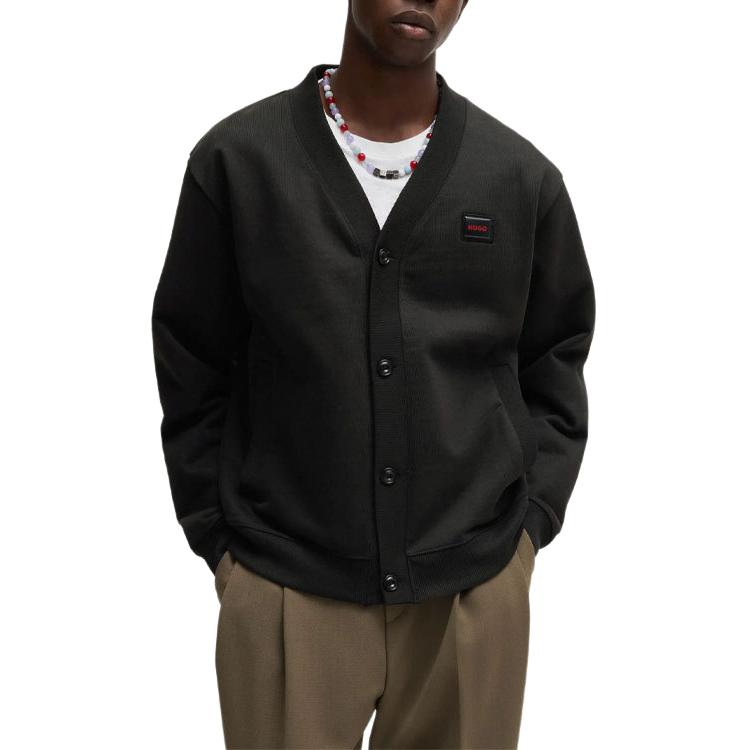 Shop HUGO BOSS SS24 黑色V領寬鬆版型LOGO設計針織毛衣。 50516705-001