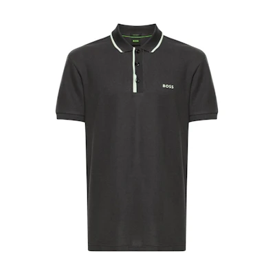 HUGO BOSS SS24 Loose Fit Polo Shirt with Logo Print and Striped Trim - Dark Grey. 50512742-016