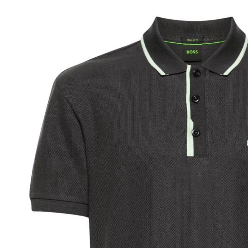 Details for HUGO BOSS SS24  Loose Fit Polo Shirt with Logo Print and Striped Trim - Dark Grey. 50512742-016