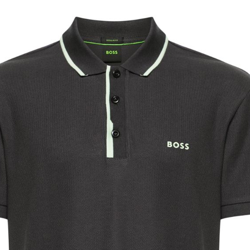 Sizing HUGO BOSS SS24  Loose Fit Polo Shirt with Logo Print and Striped Trim - Dark Grey. 50512742-016