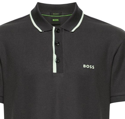 HUGO BOSS SS24 Loose Fit Polo Shirt with Logo Print and Striped Trim - Dark Grey. 50512742-016 Sizing HUGO BOSS SS24 Loose Fit Polo Shirt with Logo Print and Striped Trim - Dark Grey. 50512742-016
