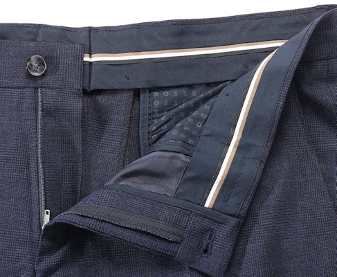 HUGO BOSS SS24 Navy Check Pleated Mid-Rise Zipper Dress Pants. 50500110-405 Details for HUGO BOSS SS24 Navy Check Pleated Mid-Rise Zipper Dress Pants. 50500110-405