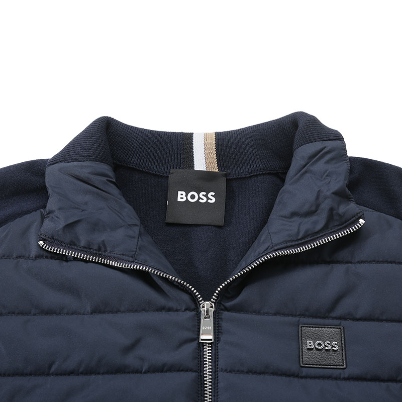 Shop HUGO BOSS 海軍藍徽標貼片拉鍊休閒夾克 SS24 50500659-404