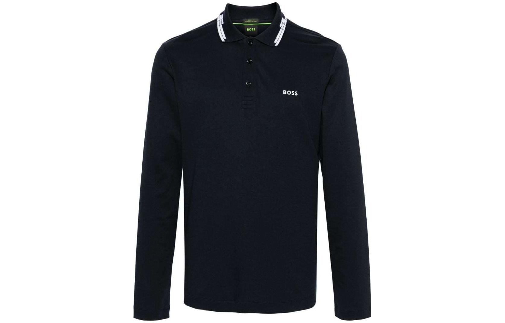HUGO BOSS SS24  Slim-Fit Logo Print Long Sleeve Polo Shirt Midnight Blue 50512096-402