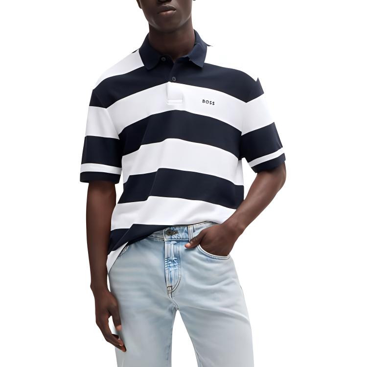 Shop HUGO BOSS SS24  Striped Logo Print Short-Sleeve Polo Shirt Navy Blue 50513604-404